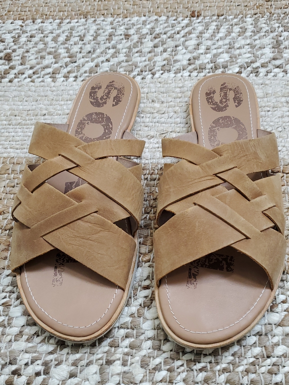 Sorel Ella Slide Sandals Leather Crisscross Strappy Womens 12 Camel Brown